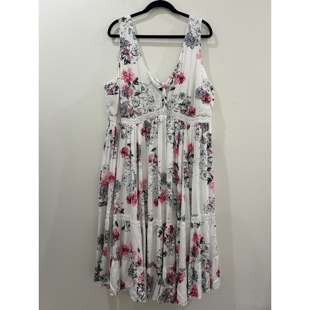 Torrid Womens Plus Sz 3X Dress White Sleeveless With Pink Floral Lining V Neck
